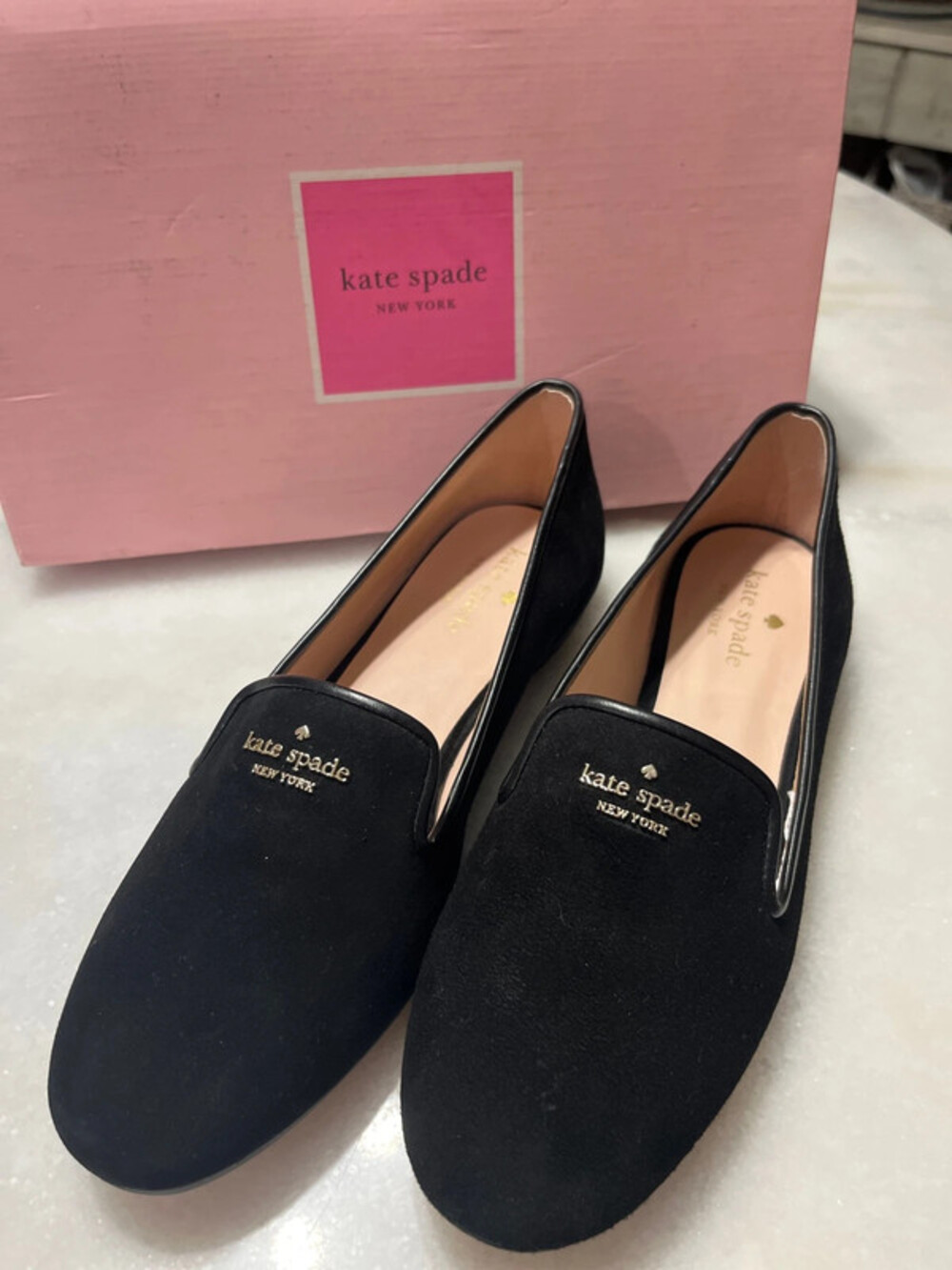 Kate Spade brand new in box Claudia suede black loafers